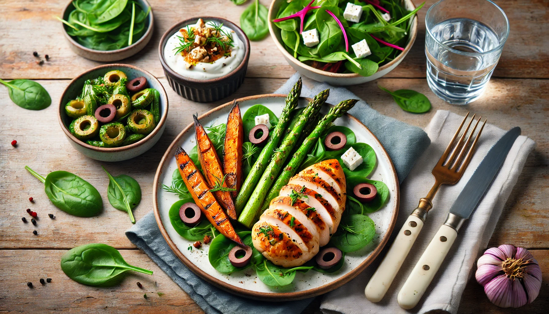 A plate of baked chicken breast with roasted sweet potatoes and asparagus, part of the Warrior Diet meal plan.