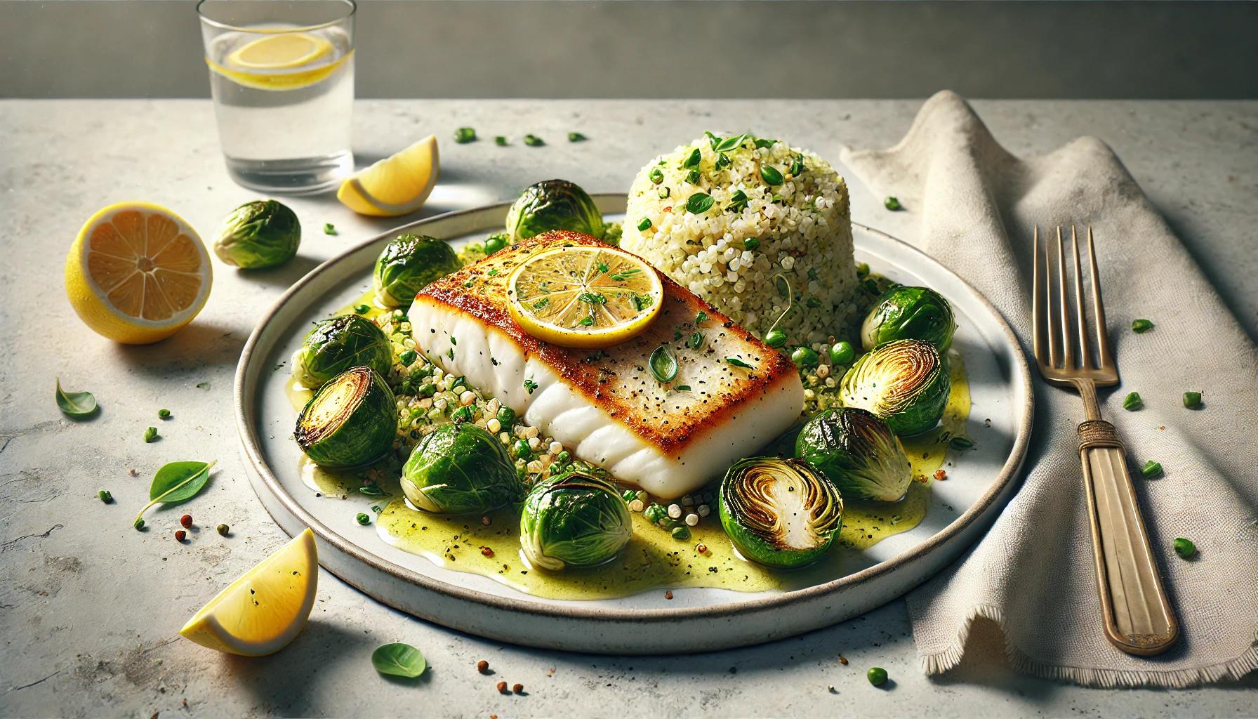 A baked cod fillet served with fluffy quinoa and roasted Brussels sprouts, drizzled with lemon sauce and garnished with fresh herbs.