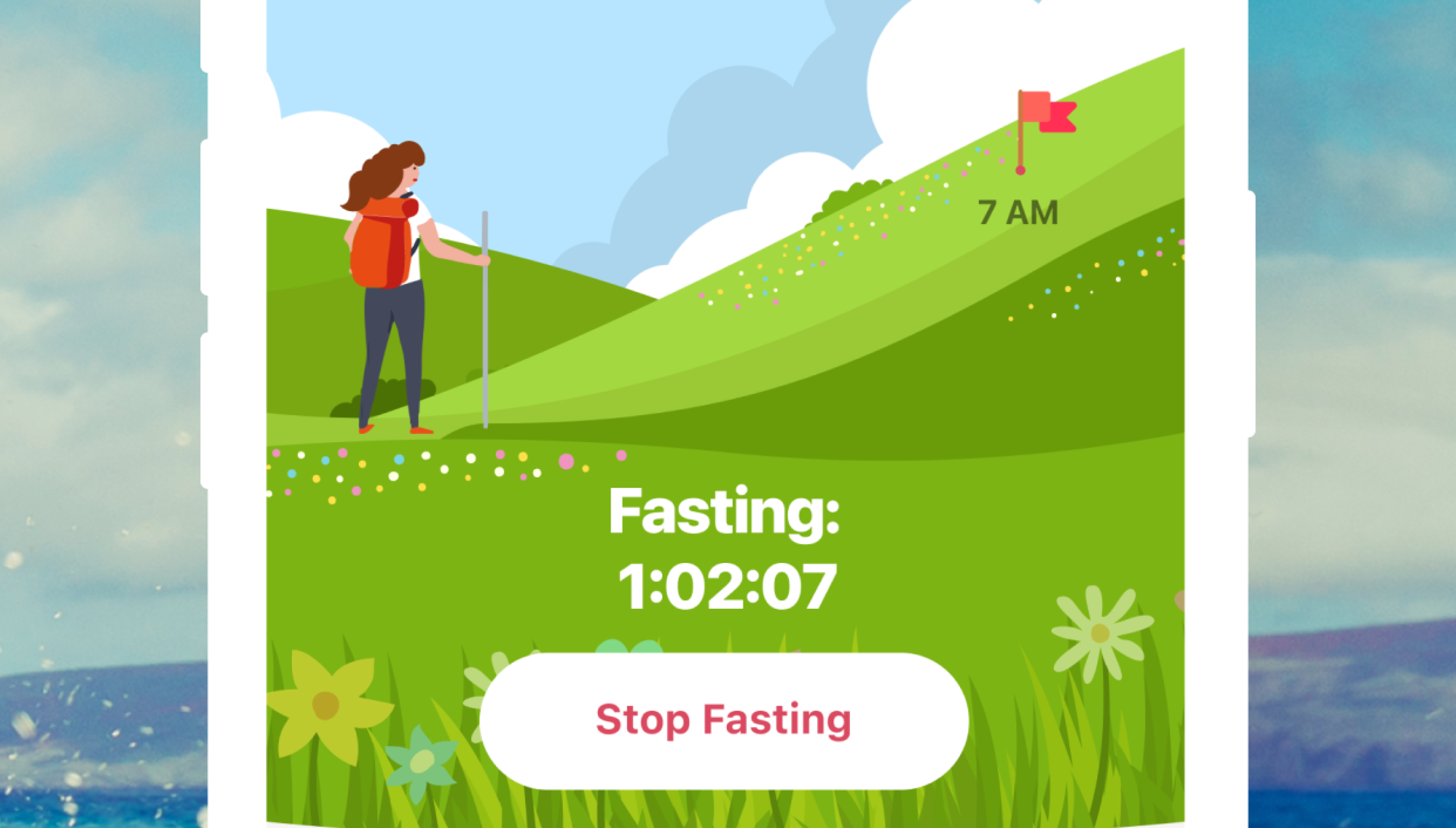 Screenshot of Prime Fasting App's Fasting Tracker feature displaying a countdown timer, fasting window, and progress bars on a smartphone.