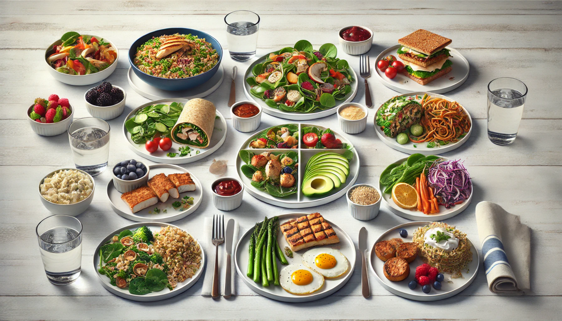 A variety of healthy meals from a 7-day Harvard Plate menu, featuring whole grains, lean proteins, and vibrant vegetables.