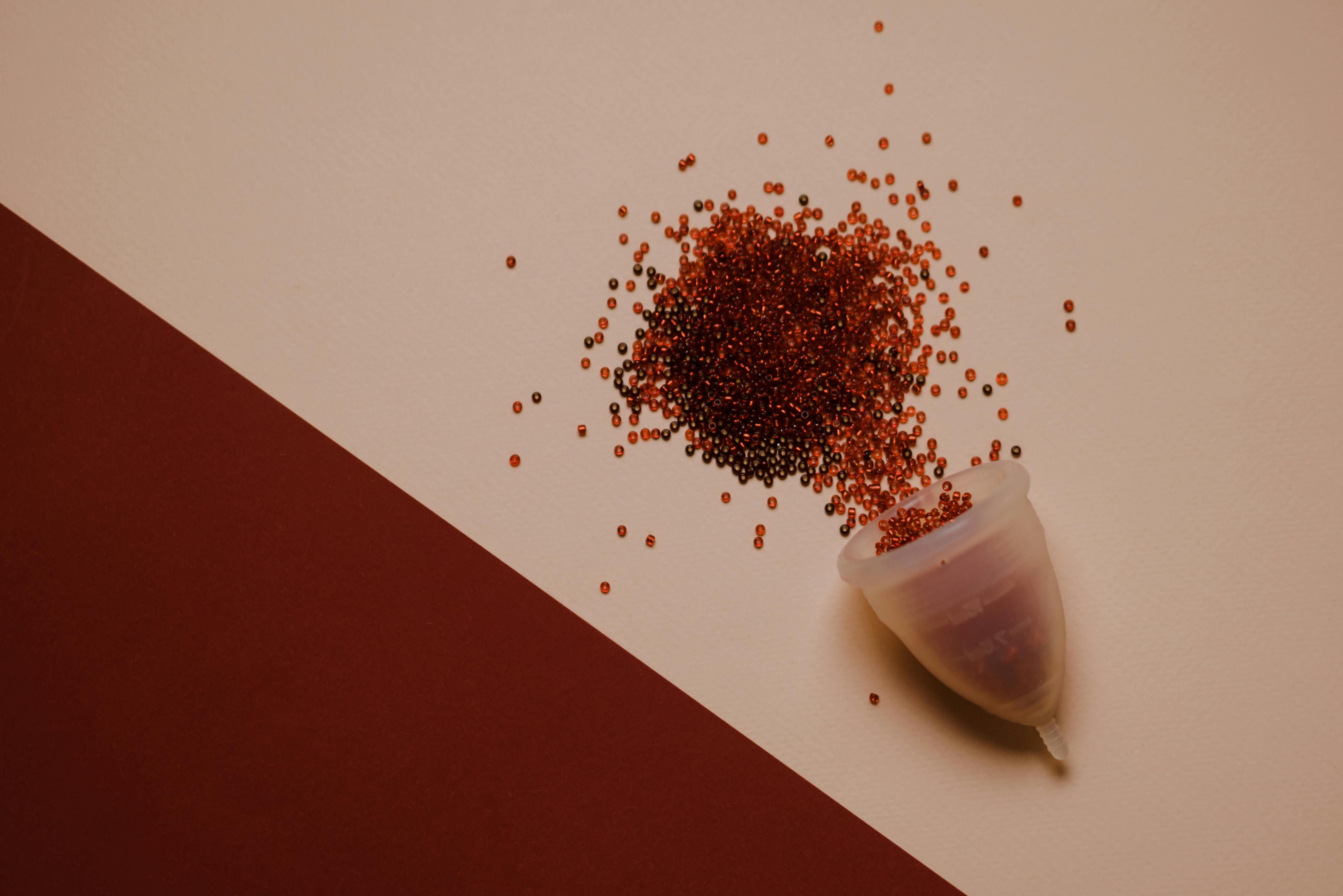 Menstrual cup surrounded by scattered red seeds symbolizing menstrual blood