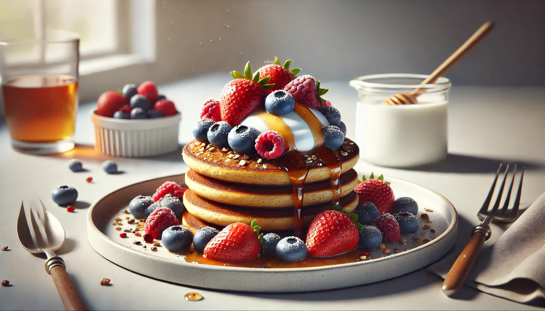 Golden brown whole grain pancakes topped with mixed berries and a dollop of Greek yogurt, drizzled with honey on a white plate.