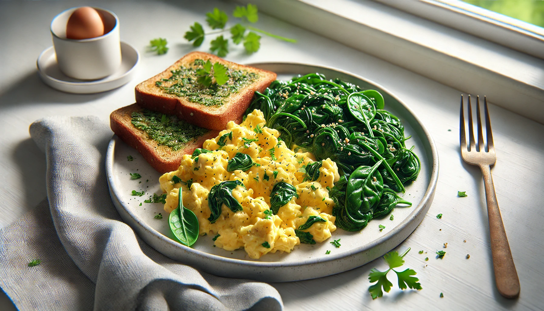 Fluffy scrambled eggs served with sautéed spinach and crispy whole grain toast, garnished with fresh parsley on a white plate.