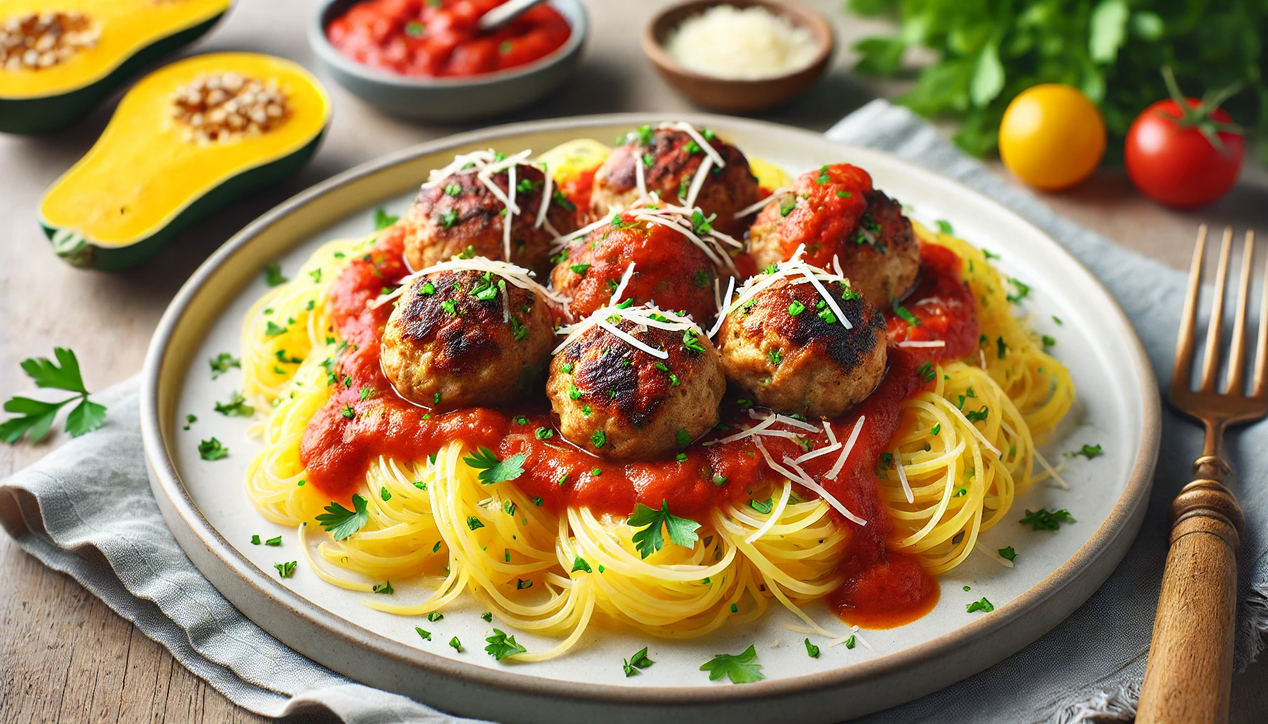 Turkey meatballs served over a bed of spaghetti squash, topped with marinara sauce and garnished with fresh parsley.