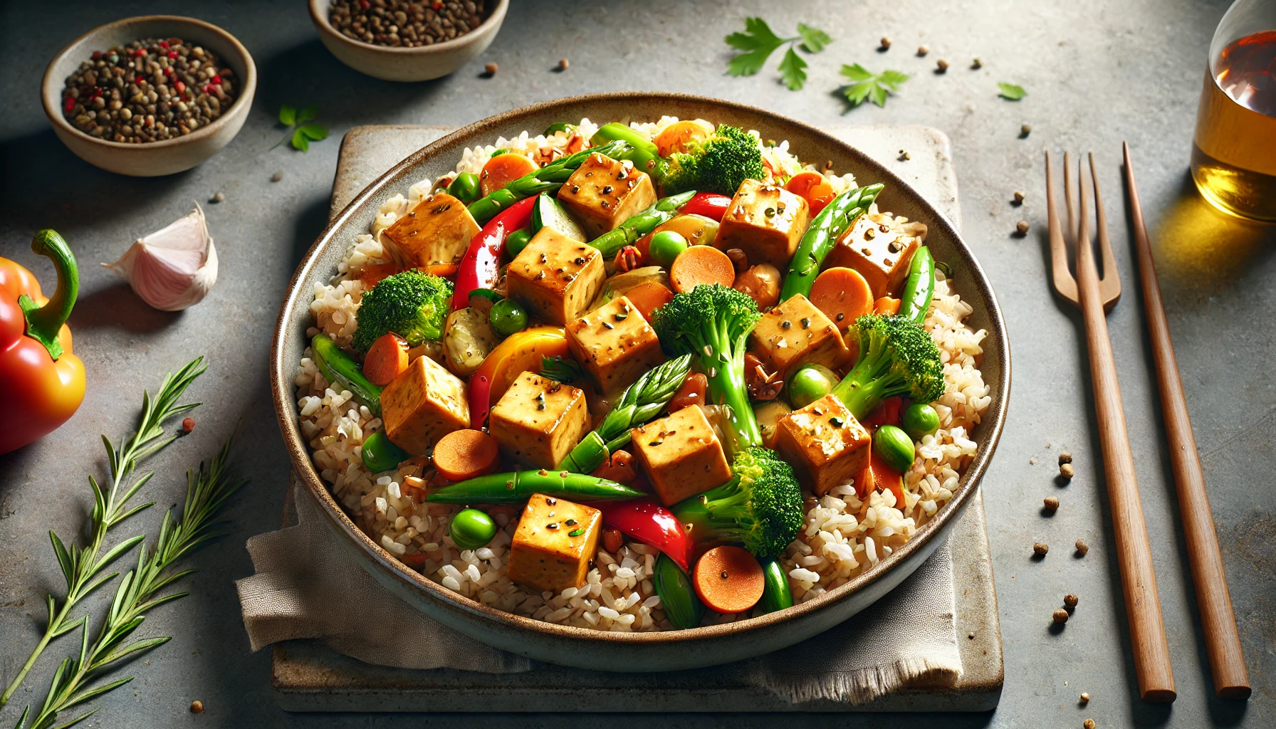 A delicious dish of stir-fried tofu served with brown rice and vibrant mixed vegetables, including bell peppers, broccoli, and carrots.