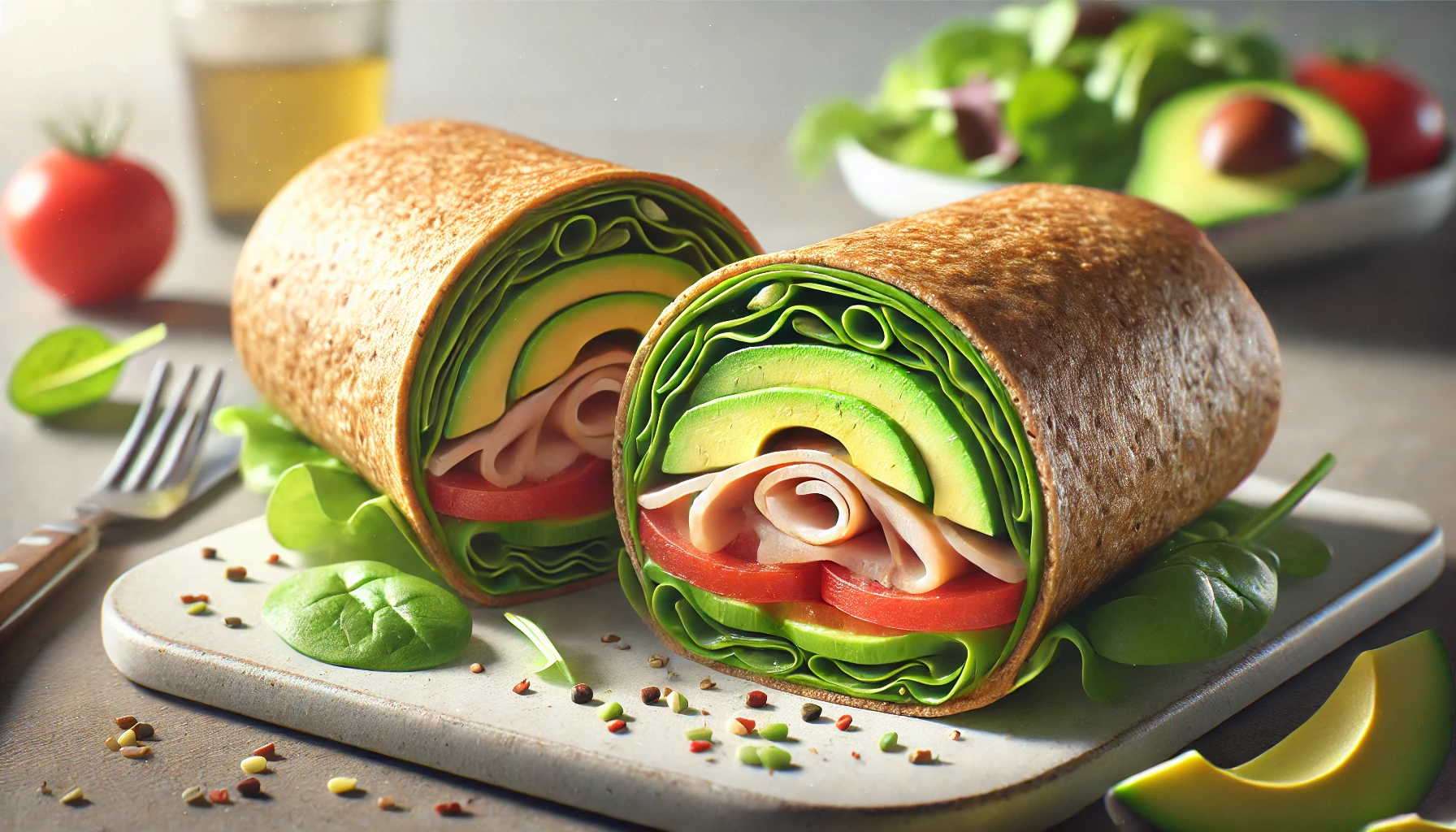 A whole wheat wrap filled with sliced turkey, avocado, lettuce, and tomato, served with a side of mixed greens on a white plate.